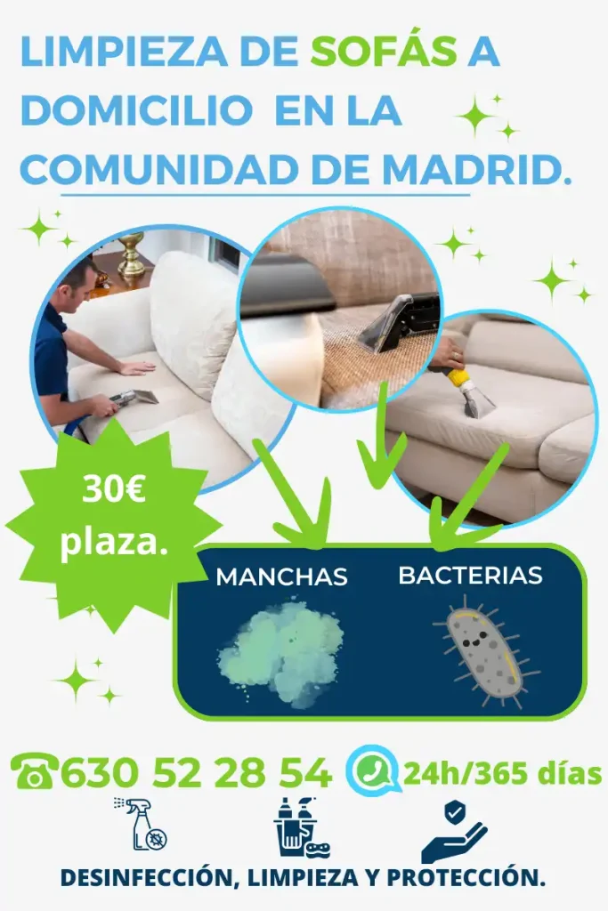 Promoción de Aladinos para la limpieza de sofás a domicilio en Madrid, destacando un precio de 30€ por plaza, con servicio de desinfección, limpieza y protección, disponible las 24 horas todos los días del año. Imagen muestra la eliminación de manchas y bacterias