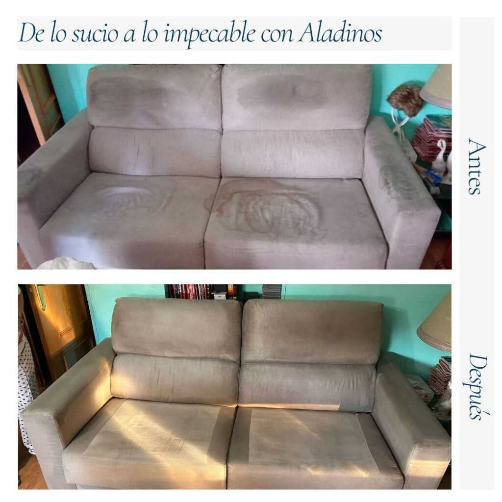 Impresionante transformación de un sofá antes y después del servicio de limpieza de sofás en Murcia con Aladinos. De un estado desgastado y sucio a una apariencia impecable, renovada y fresca, ideal para disfrutar de un hogar más limpio y saludable.