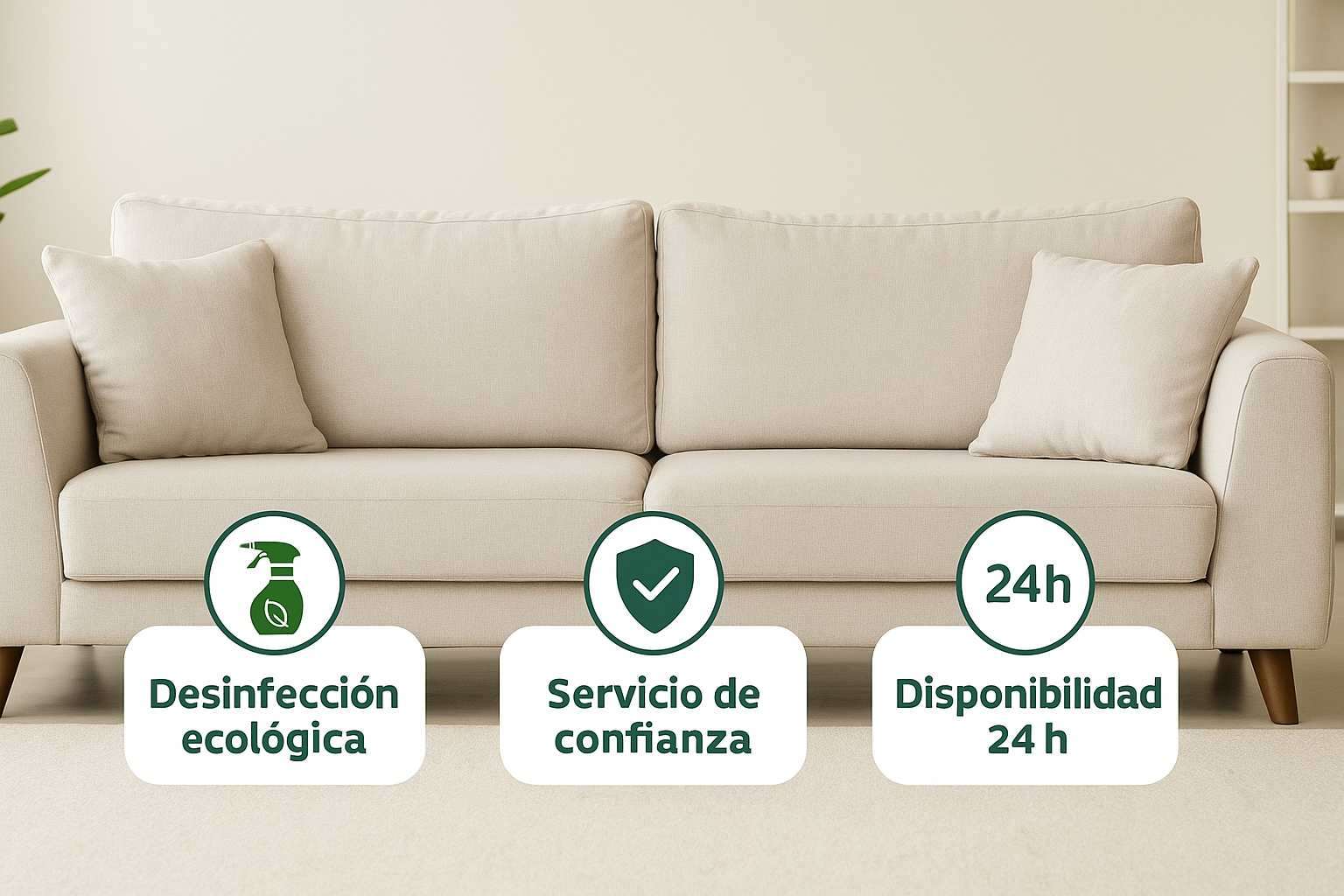 Sofá beige limpio tras servicio ecológico de limpieza de sofás a domicilio en Madrid con disponibilidad 24 horas.