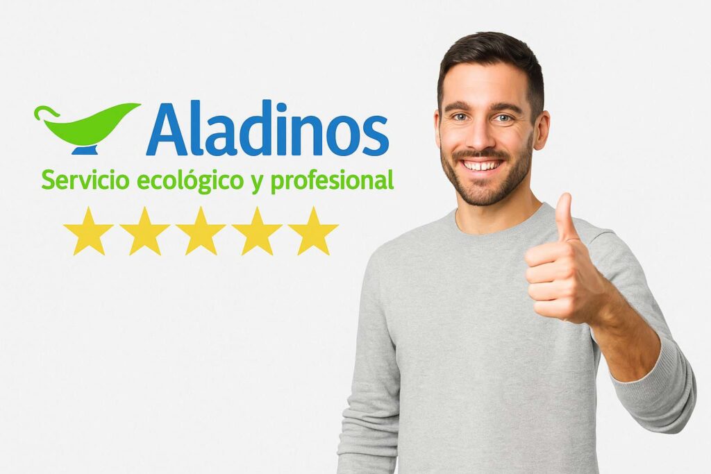 Opiniones de clientes satisfechos con Aladinos, servicio de limpieza de sofás a domicilio con valoraciones cinco estrellas.