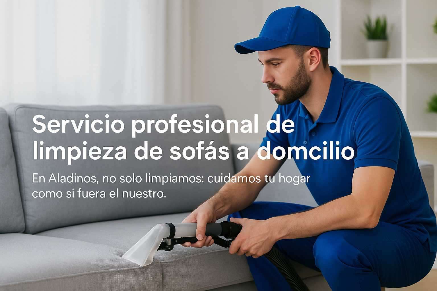 Técnico realizando limpieza de sofás a domicilio en Alcobendas con máquina profesional de inyección y extracción, ideal para limpieza de tapicerías, limpieza profunda de sofás, y mantenimiento de muebles en casa con servicio profesional y seguro.