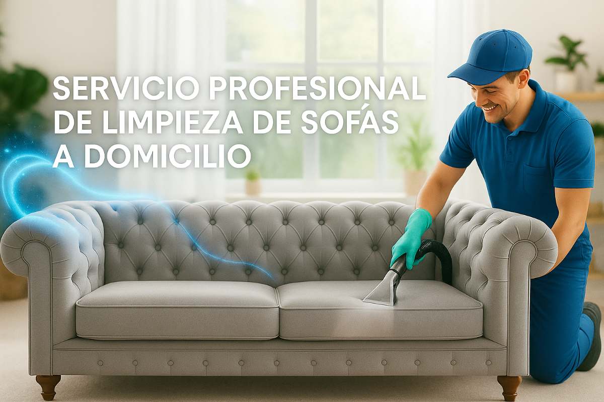 Técnico realizando limpieza profesional de sofá en un domicilio en Cobeña, ideal para representar servicios de limpieza de sofás a domicilio en la zona.