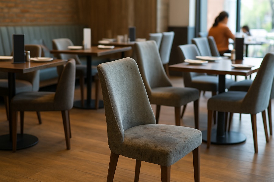Profesional de ALADINOS realizando limpieza especializada de sofás en restaurante de Madrid