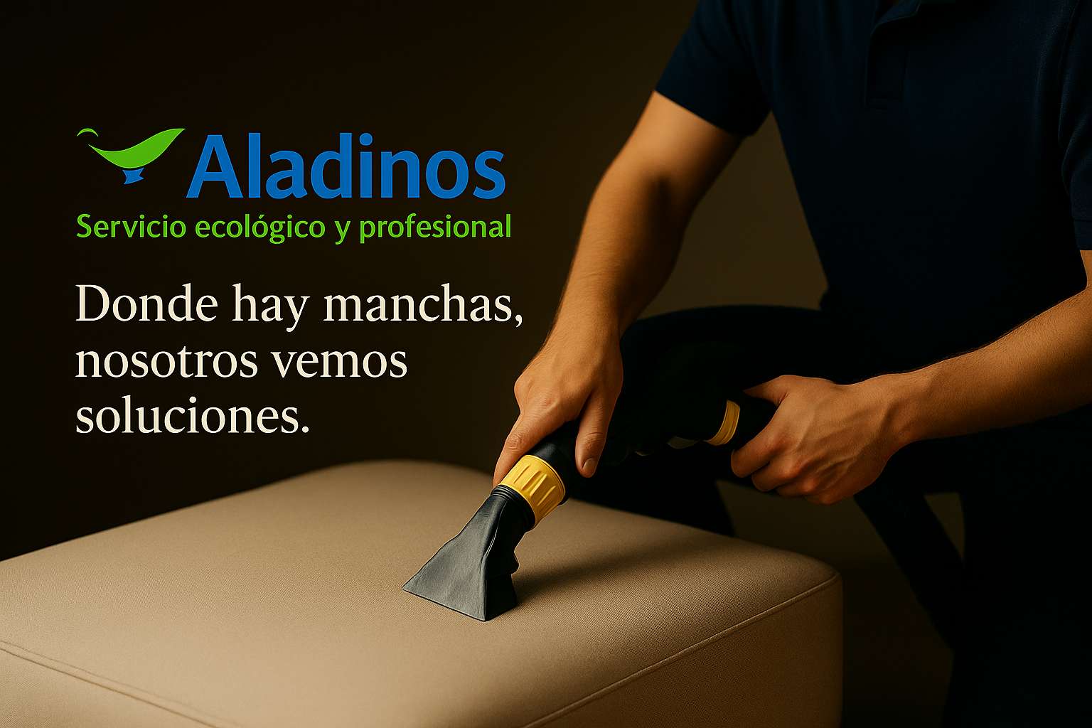 Técnico de Aladinos realizando limpieza de tapicerías en Madrid con sistema ecológico y profesional, eliminando manchas en un sofá beige.