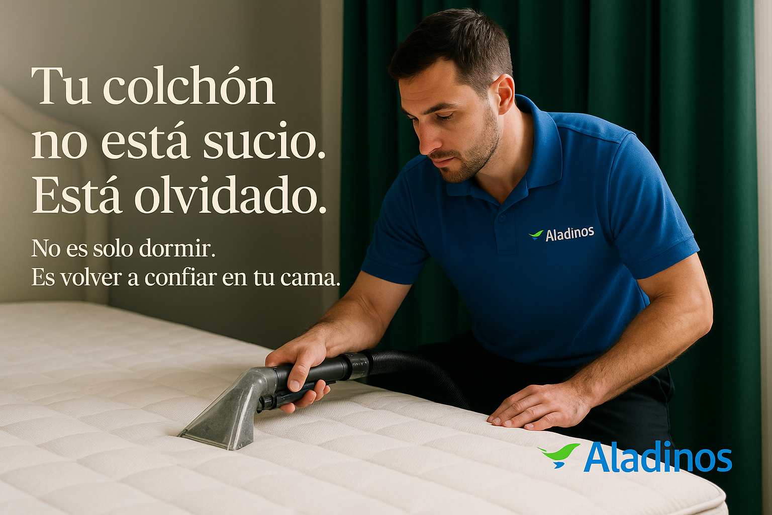 Técnico de Aladinos realizando limpieza de colchones a domicilio en Madrid, aplicando tratamiento profesional para eliminar suciedad y restaurar la higiene del colchón.