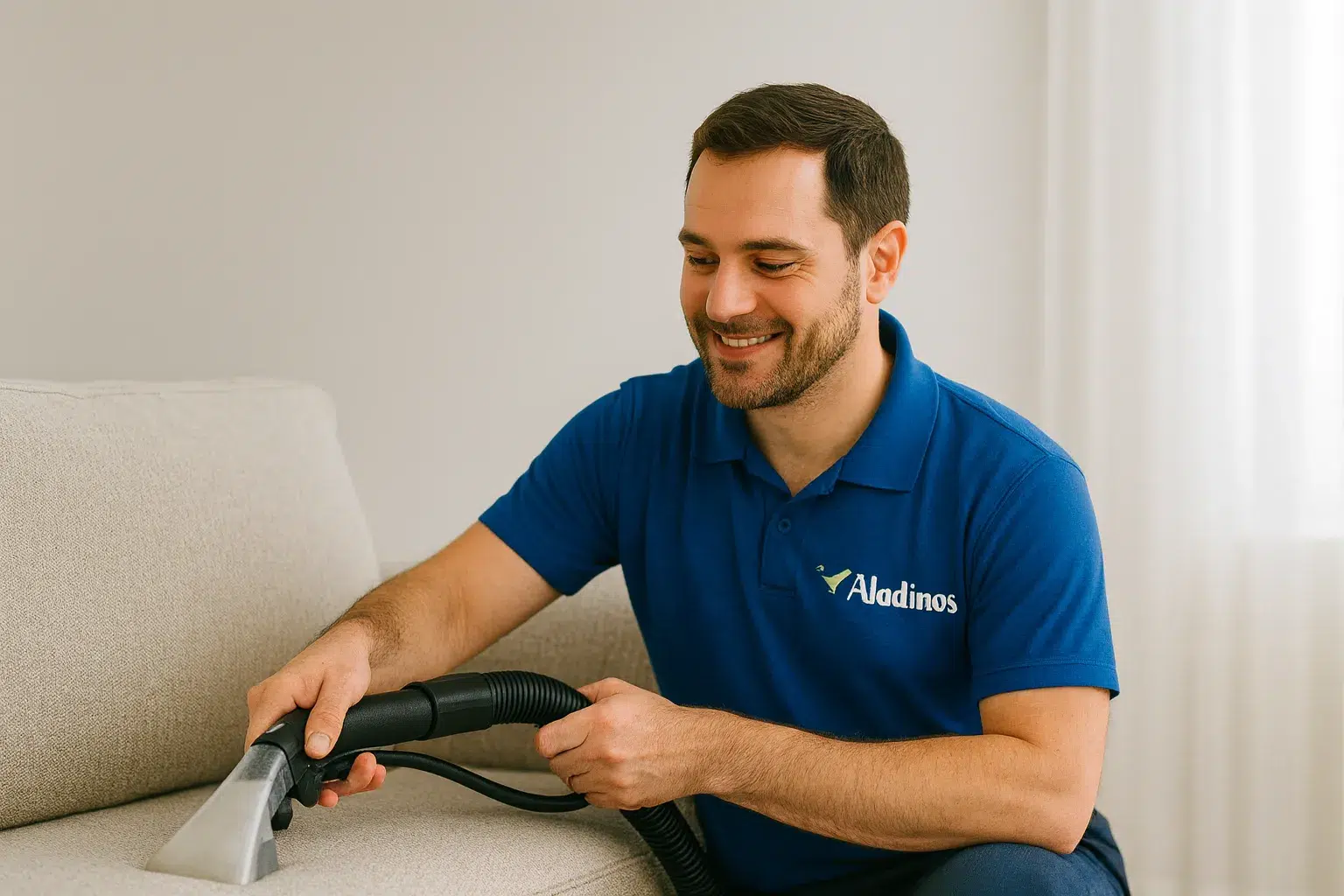 Técnico de Aladinos realizando la limpieza profesional de un sofá en Madrid, ejemplo real de los casos de éxito en la limpieza de sofás a domicilio con resultados garantizados.