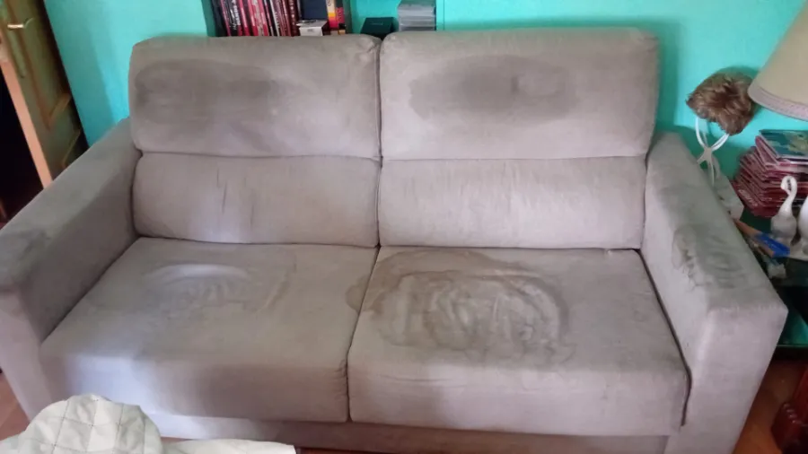 Sofá con aureolas, humedad y marcas antes de la limpieza